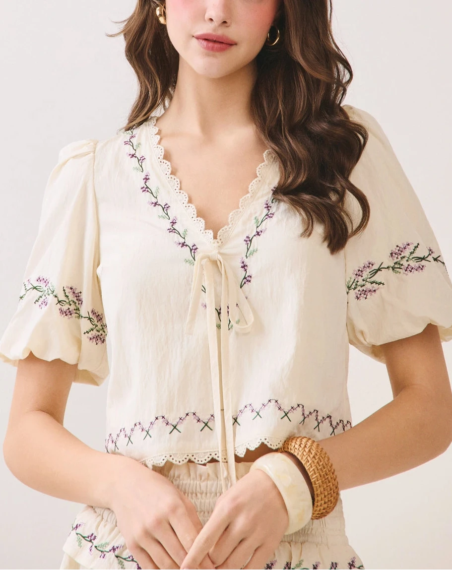 spring embroidered tie-front top